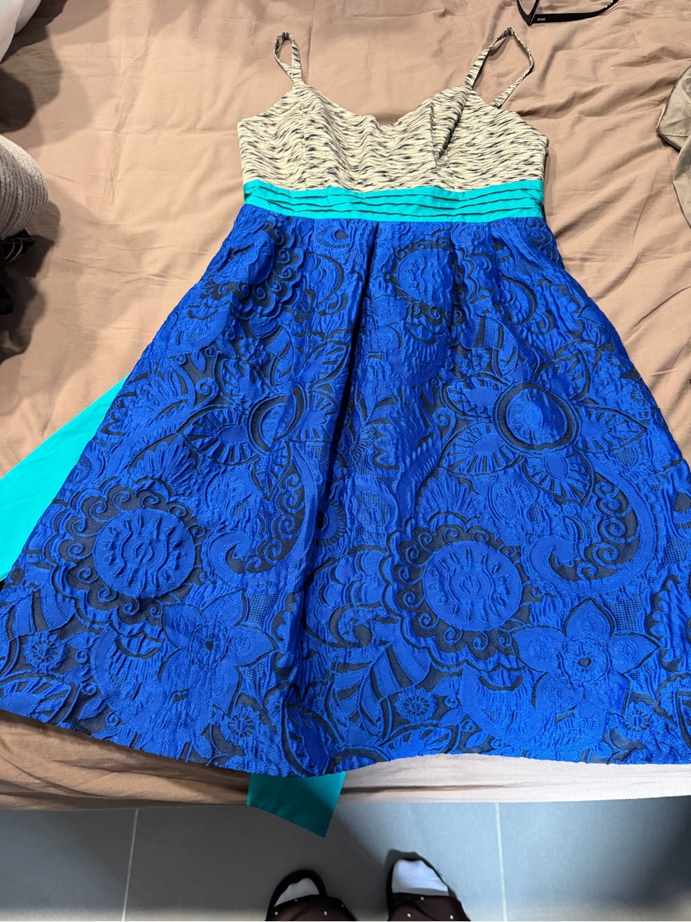Moulinette Soeurs Royal Blue Dress with Cream Bodice and Aqua Waistband
